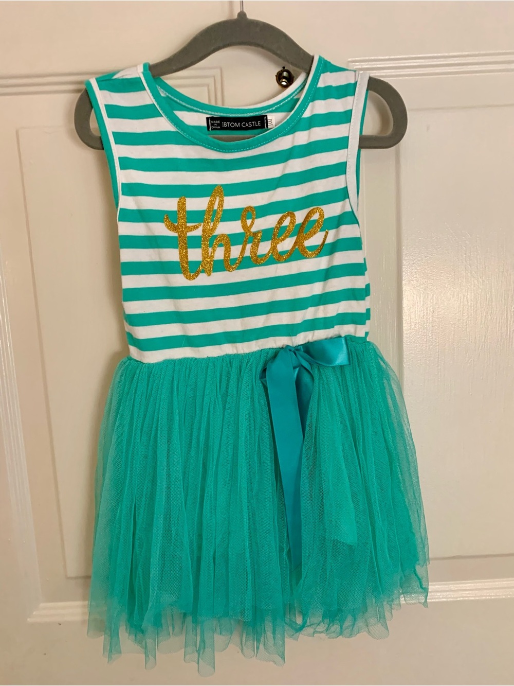 Girls' Teal Stripe & Tulle Dress with Gold 'Three'